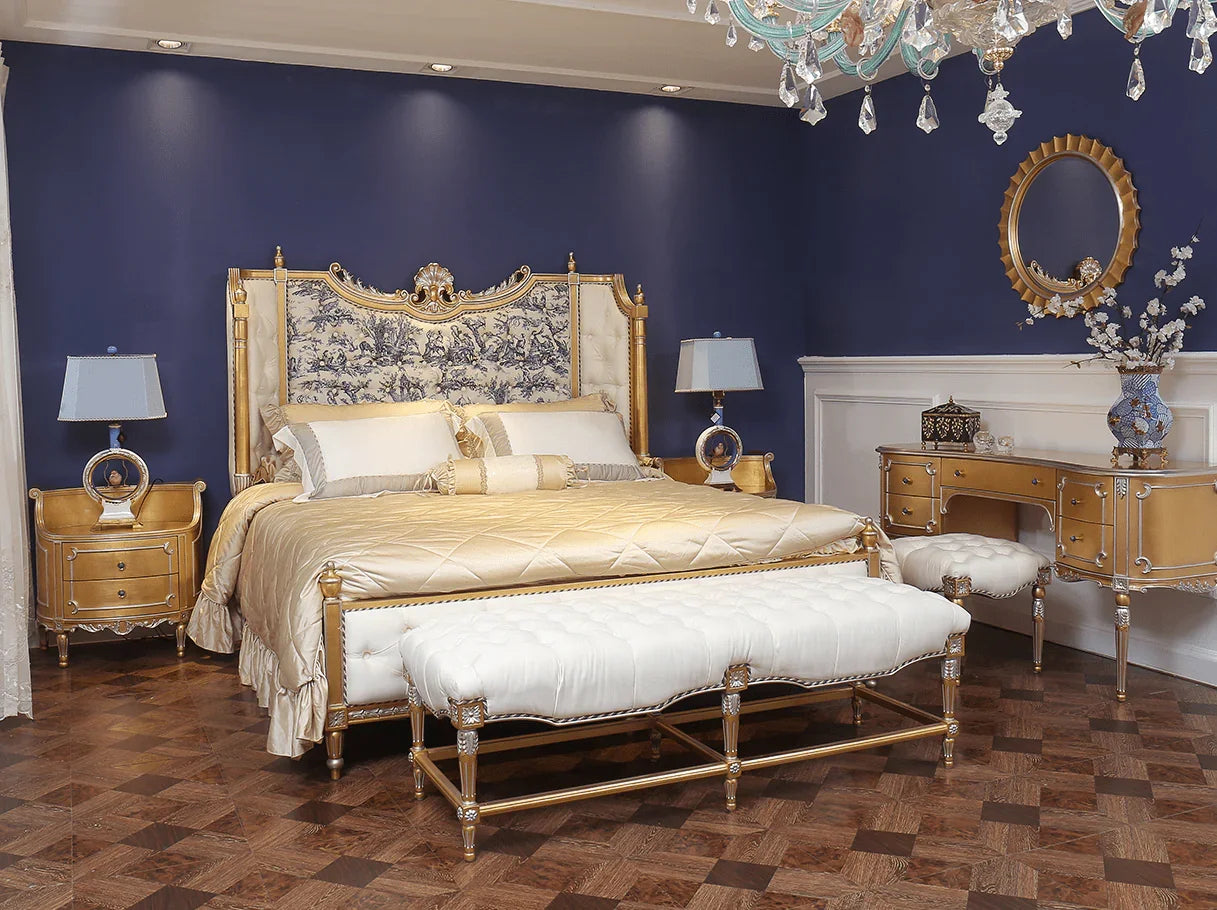 French style vintage bench at the foot of the bed in a luxury bedroom