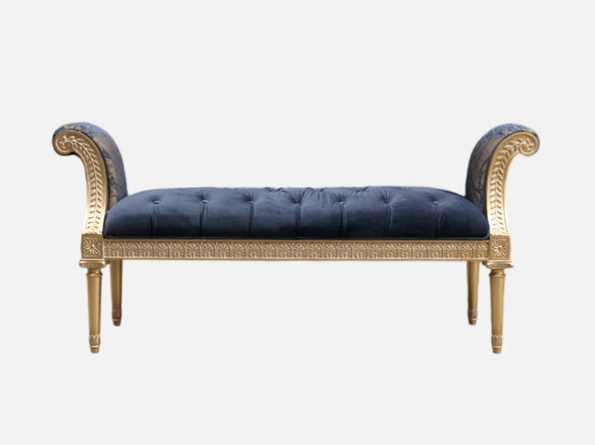 Vintage bench BE-077 upholstered in jacquard fabric with carved gold details