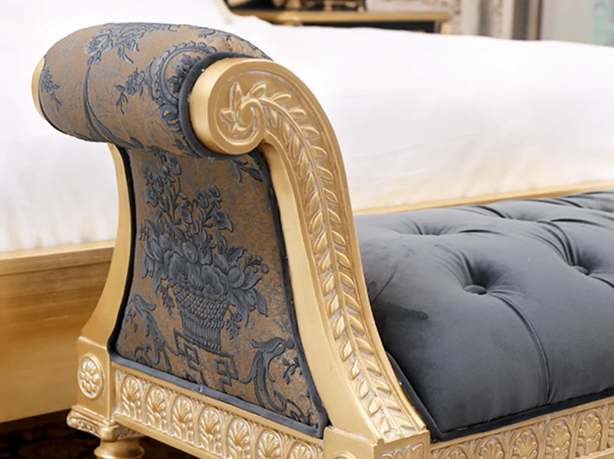 Upholstered bedroom bench in vintage French style with gold leaf accents