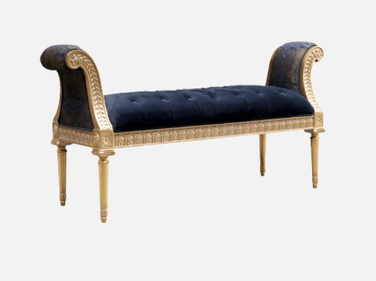 French upholstered vintage bench with hand-carved beechwood and scroll arms