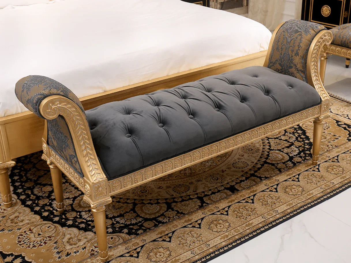 Luxury vintage bedroom bench with jacquard fabric and classical carved motifs