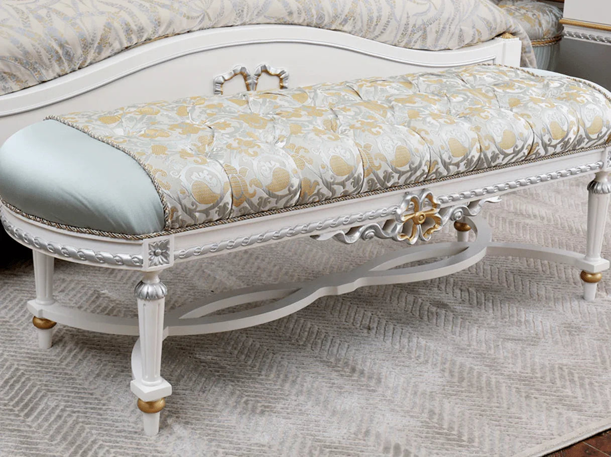 French bedroom bench seat with hand-carved beechwood and gold leaf details