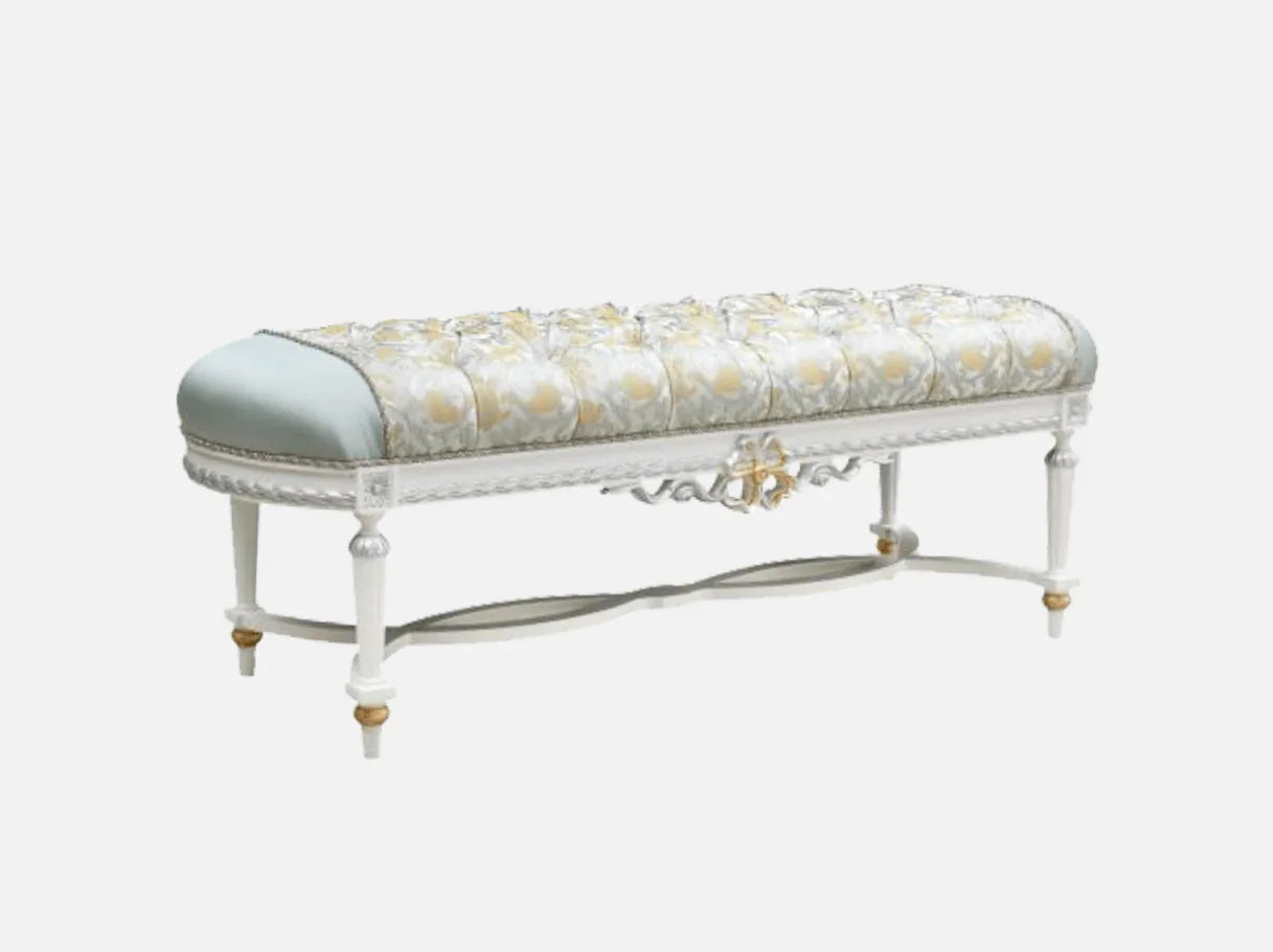 Bedroom bench seat BE-078 upholstered in jacquard fabric with carved wood frame