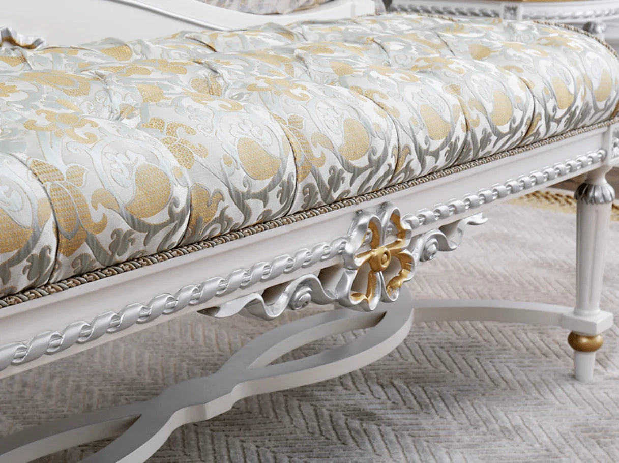Upholstered bench for bedroom interiors with decorative motifs and ribbon carvings