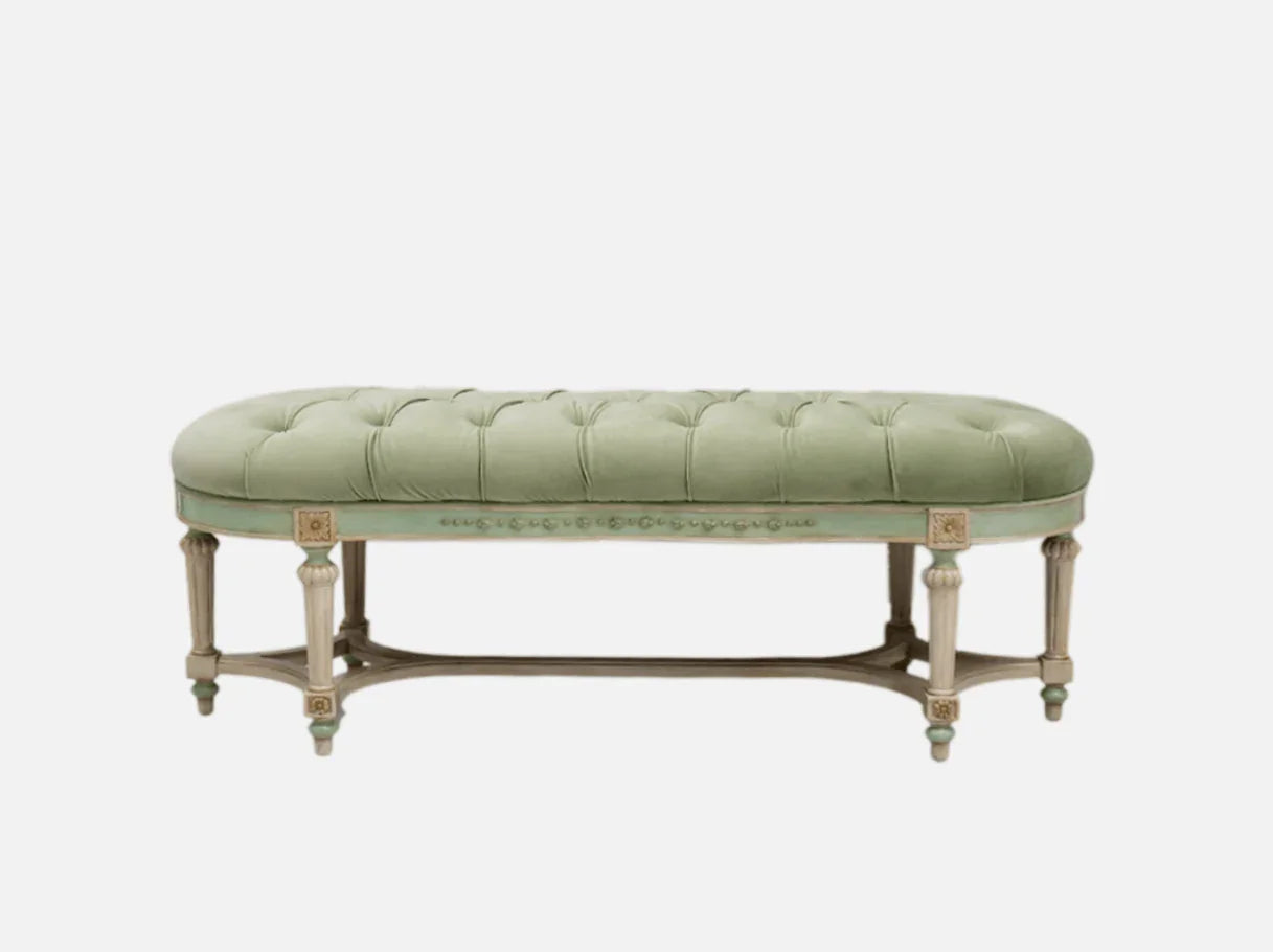 Bedroom bench BE-081 with tufted velvet seat and carved beechwood frame