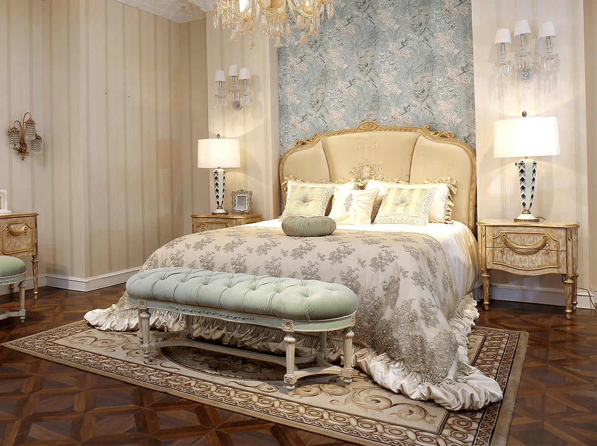Upholstered bedroom bench placed at the foot of a French bed