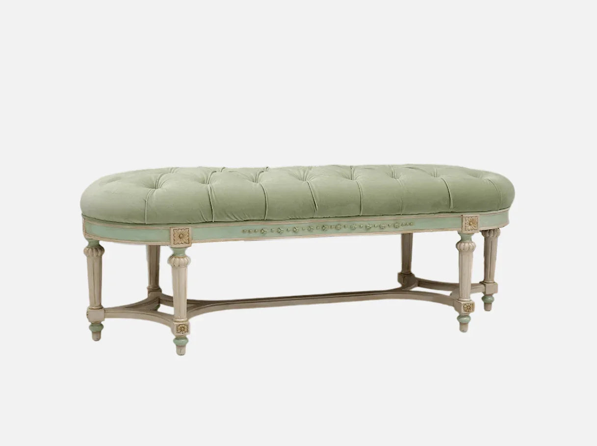 French style bedroom bench with gold leaf finish and high-end velvet upholstery