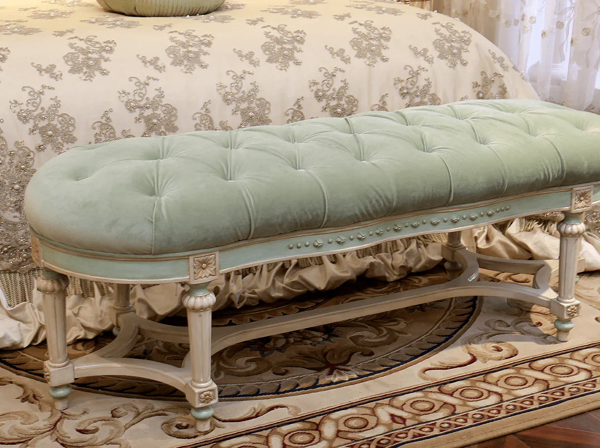 Tufted velvet bedroom bench with solid wood carved frame and classical motifs