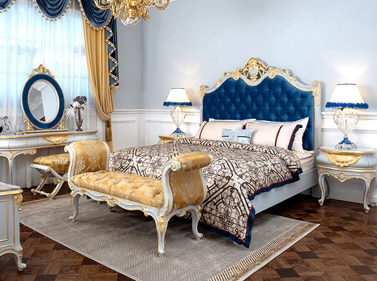 Bedroom bench for luxury French interiors placed at the foot of bed
