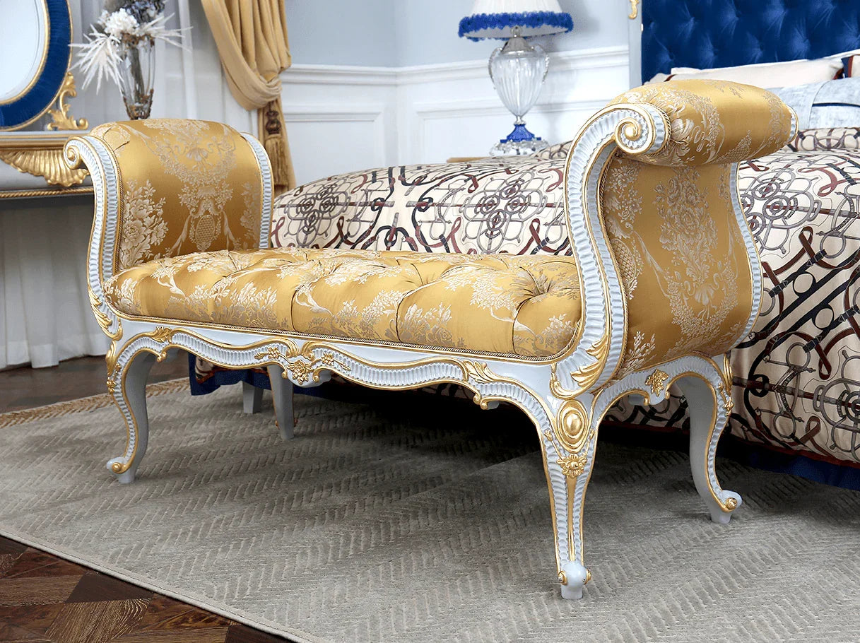 Jacquard bedroom bench seat with solid wood carved frame