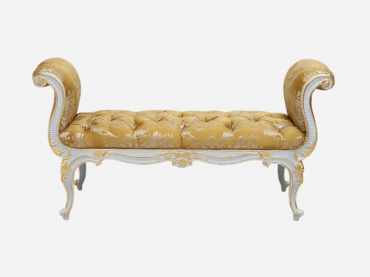 Bedroom bench seat BE-085 with jacquard fabric and carved beechwood frame