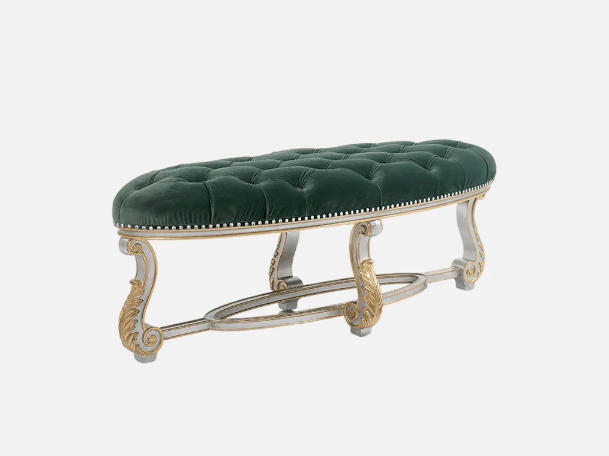 Luxury French style bedroom bench with tufted velvet and carved legs
