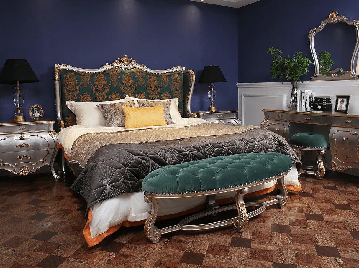 Bedroom bench seat in green velvet placed at the end of bed