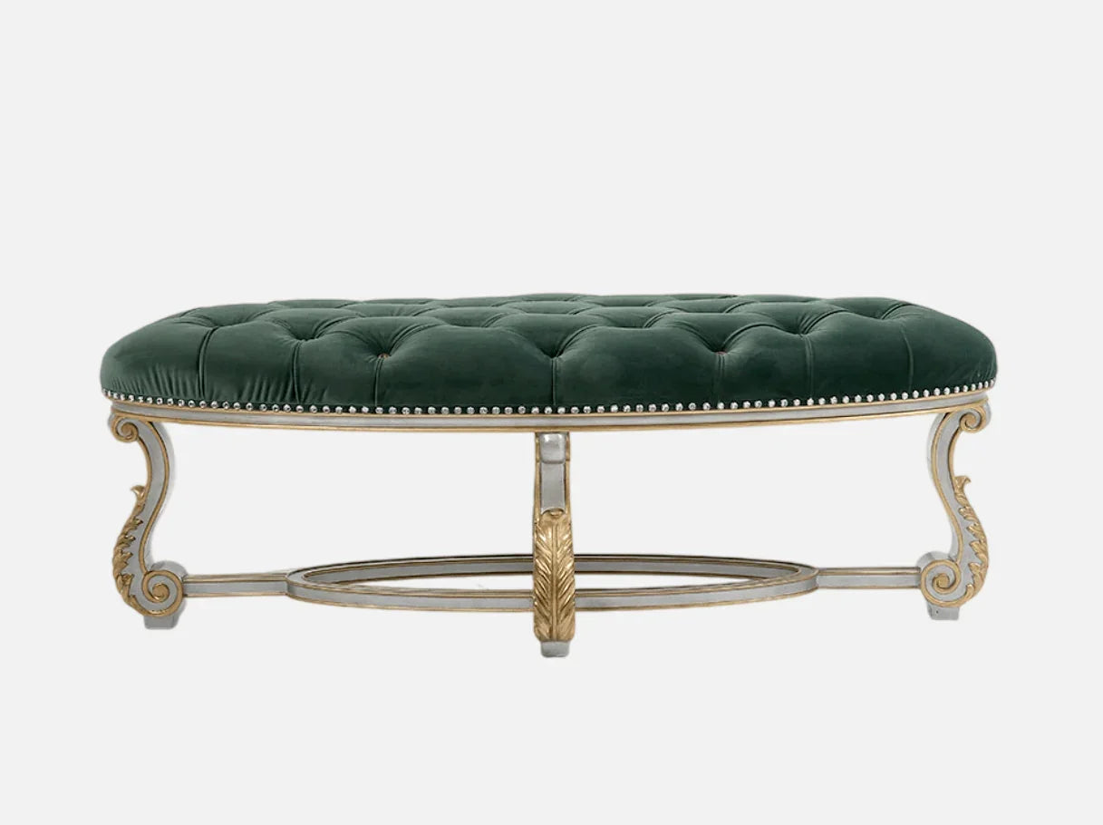 Bedroom bench BE-086 with green velvet upholstery and gold carved beechwood frame