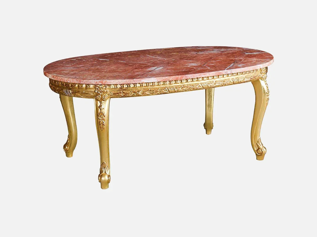 Angled view of CT-0020 marble coffee table highlighting oval silhouette and ornate legs.