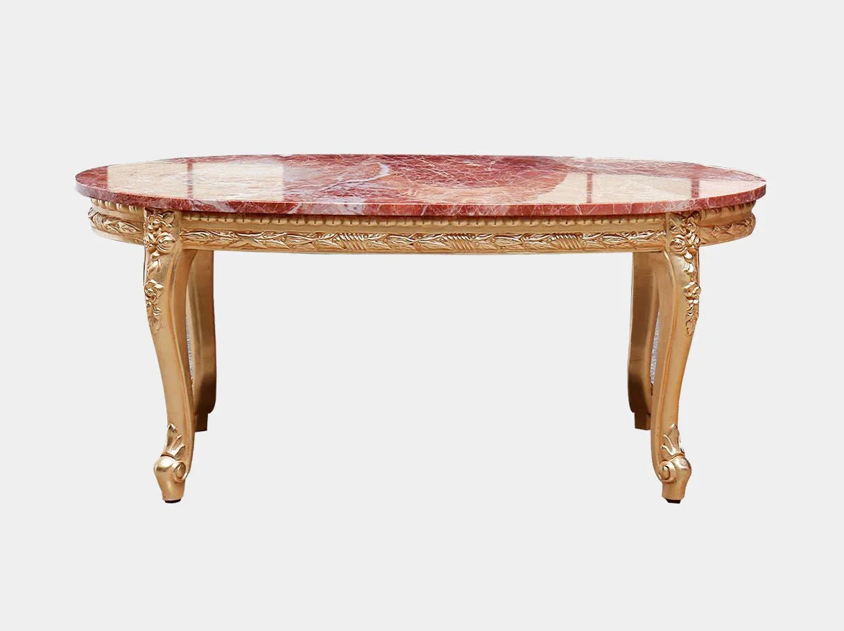 Front view of Oval Marble Coffee Table CT-0020 with red marble top and gold leaf carved frame.
