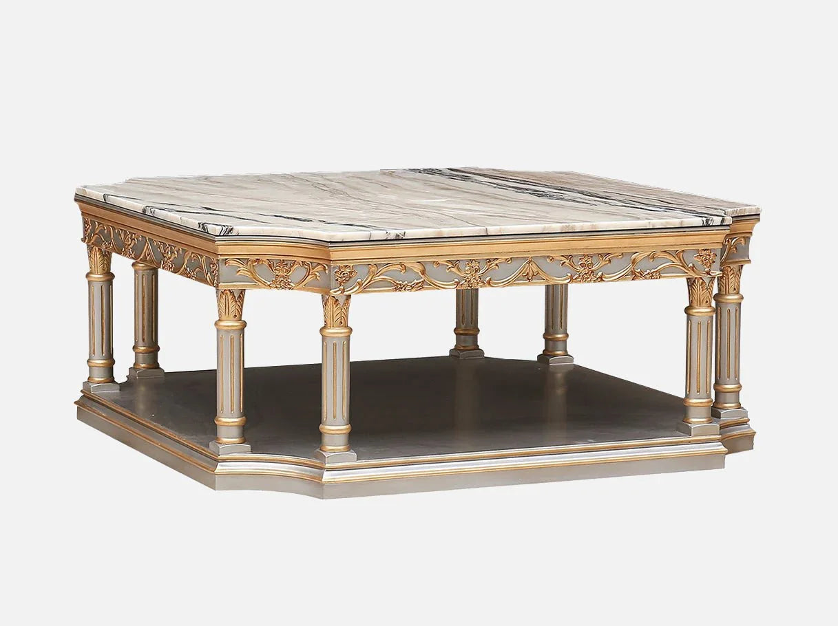 Side view of marble coffee table CT-0053 showing carved legs and layered column base, a hallmark of luxury furniture design.