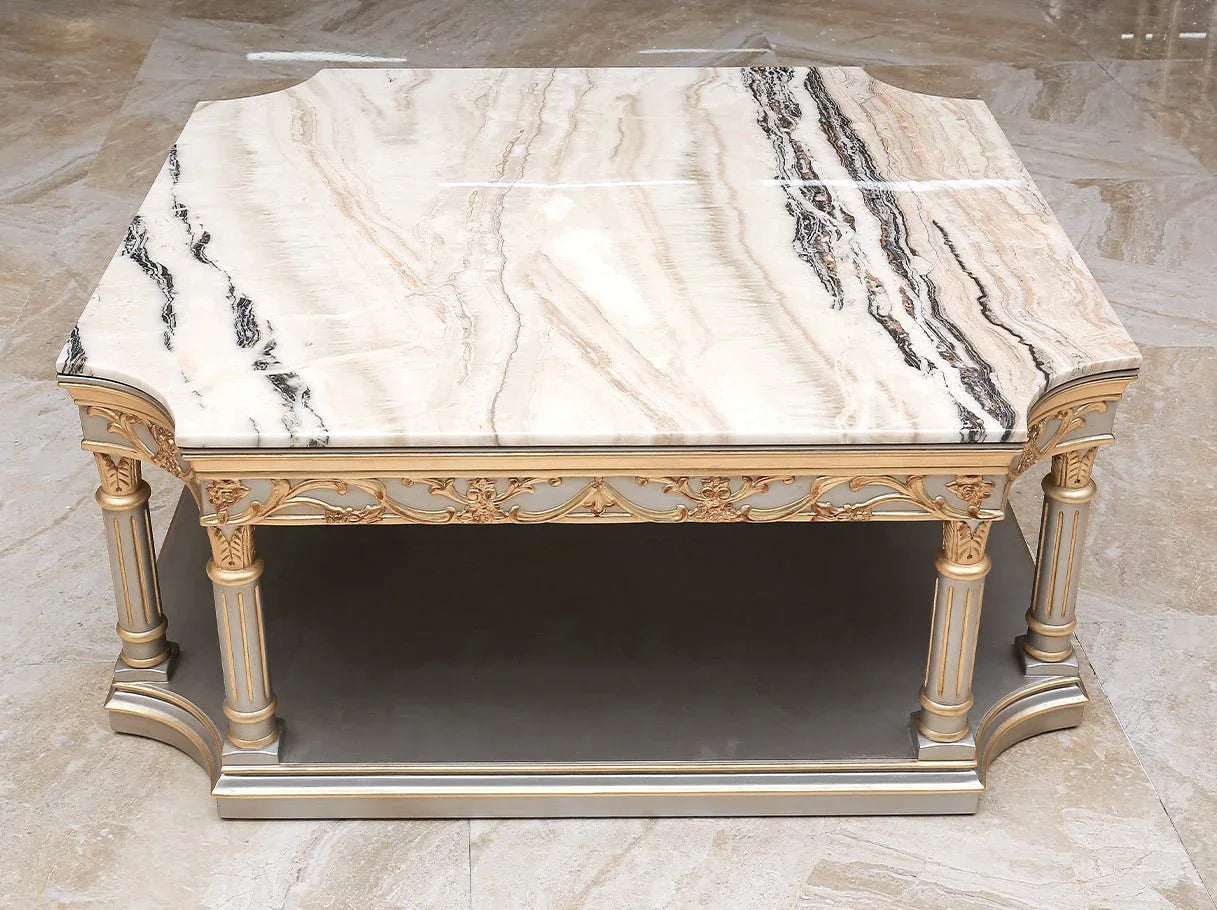 Top view of marble coffee table CT-0053 highlighting natural veining and polished surface, blending durability with elegance.