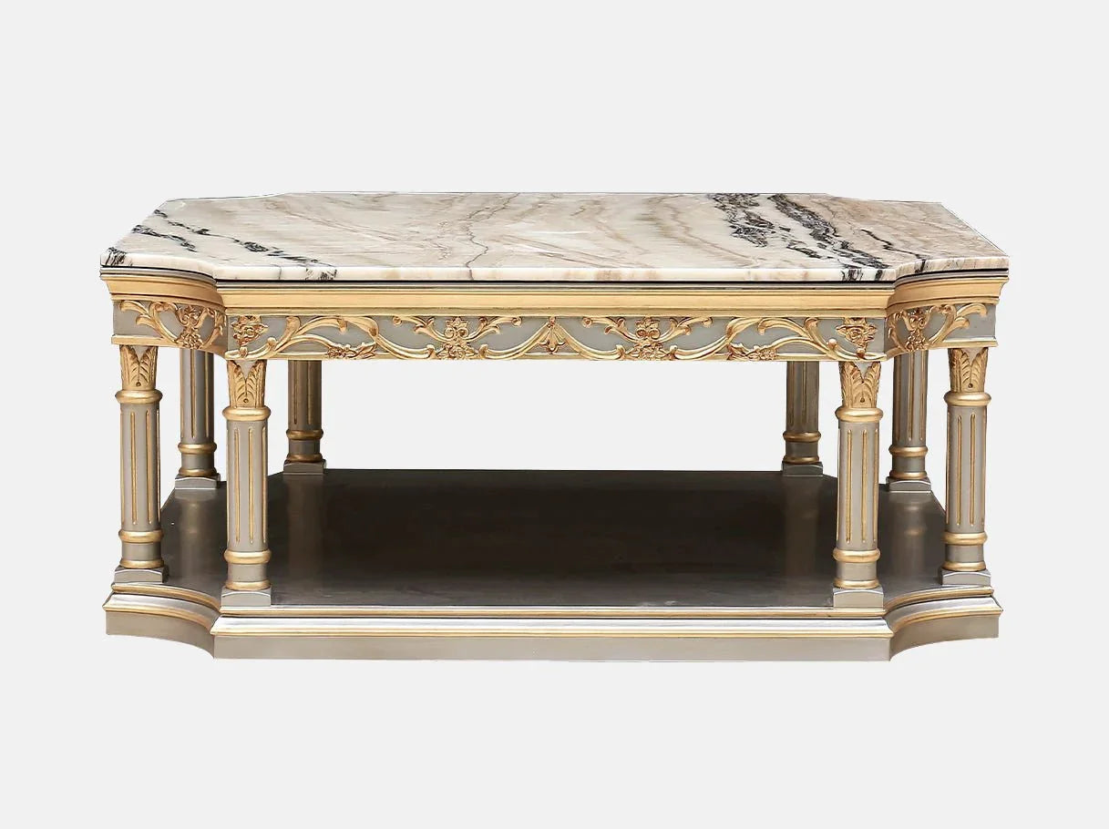 Marble coffee table CT-0053 with gold leaf accents and carved beechwood frame, crafted for refined luxury living room interiors.