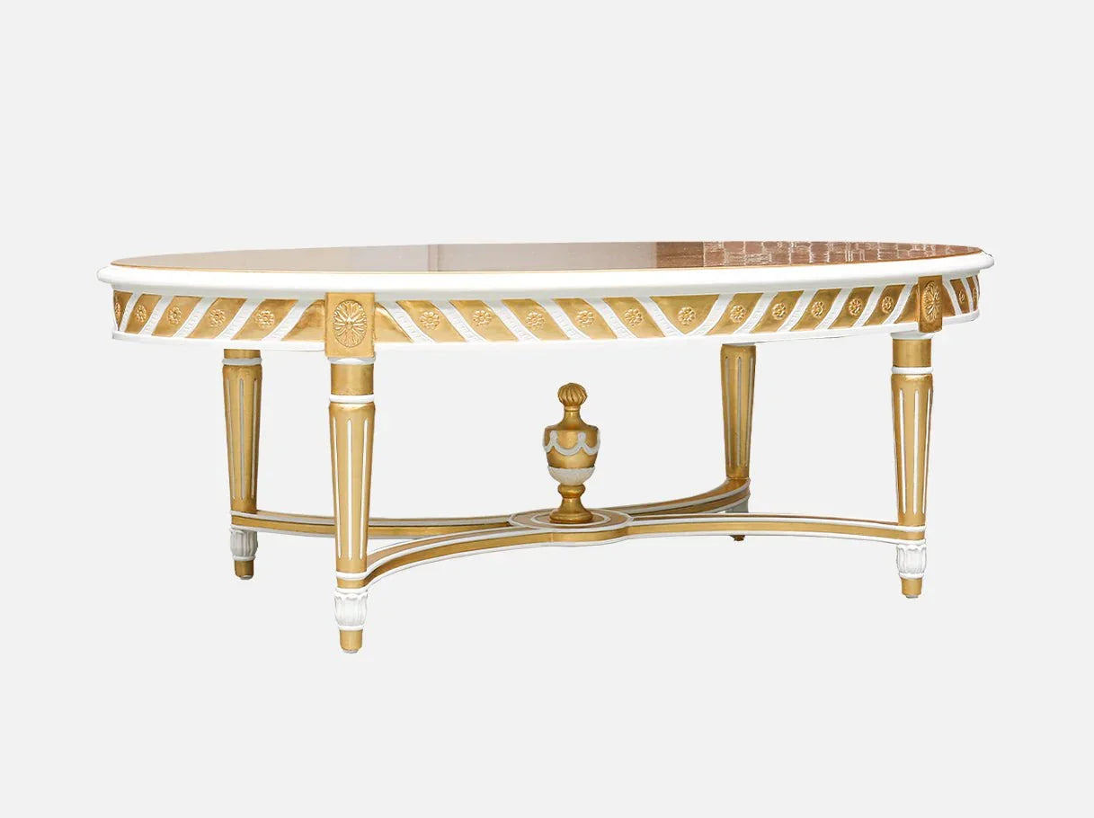 Side view of oval coffee table CT-0087 showcasing elegant carved legs and balanced design, ideal for high end furniture shops.
