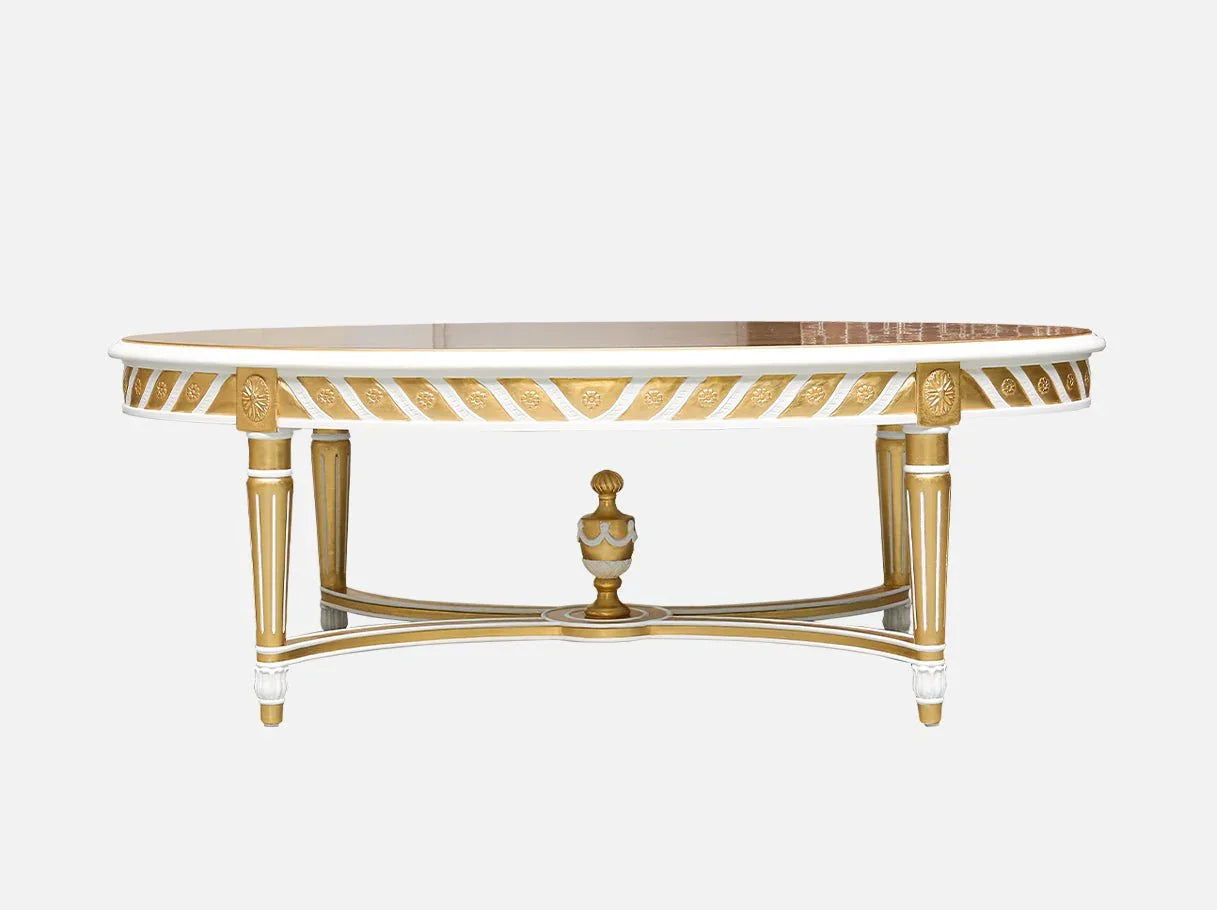 The oval coffee table CT-0087 with carved beechwood frame and gold leaf finish is a refined centerpiece for luxury home furnishing.