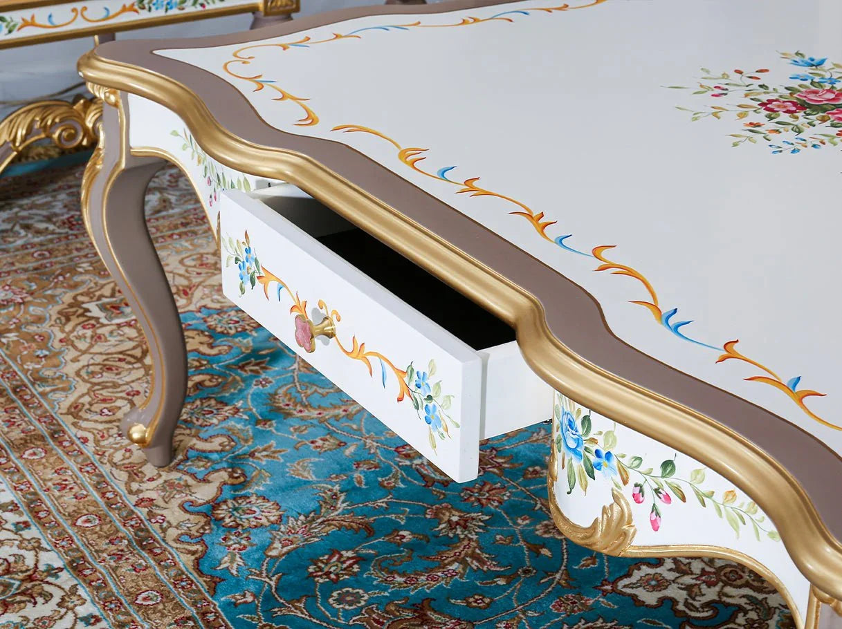 Vintage coffee table CT-1162 top surface with hand-painted floral motifs and smooth durable finish