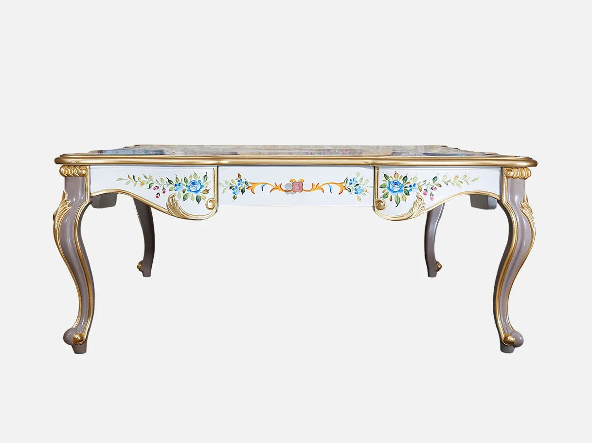 Vintage coffee table CT-1162 front view with hand-painted floral artistry and gold leaf accents