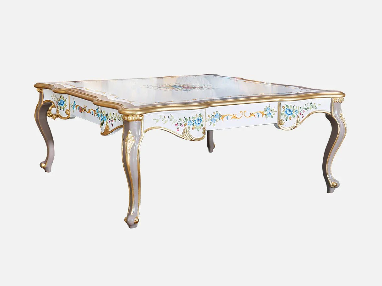 Side view of vintage square coffee table CT-1162 with floral hand-painted details for luxury living room décor