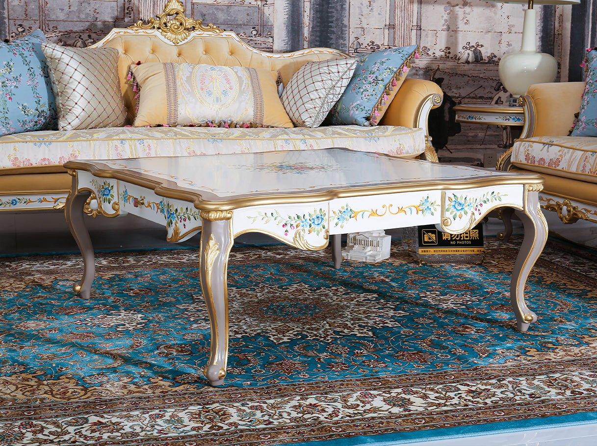 Hand-painted vintage coffee table CT-1162 styled in luxury interior living room with classic sofa set