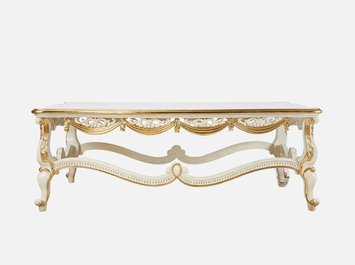 Front view of French rectangle coffee table CT-1183 with hand-carved beech wood frame and gold leaf accents.