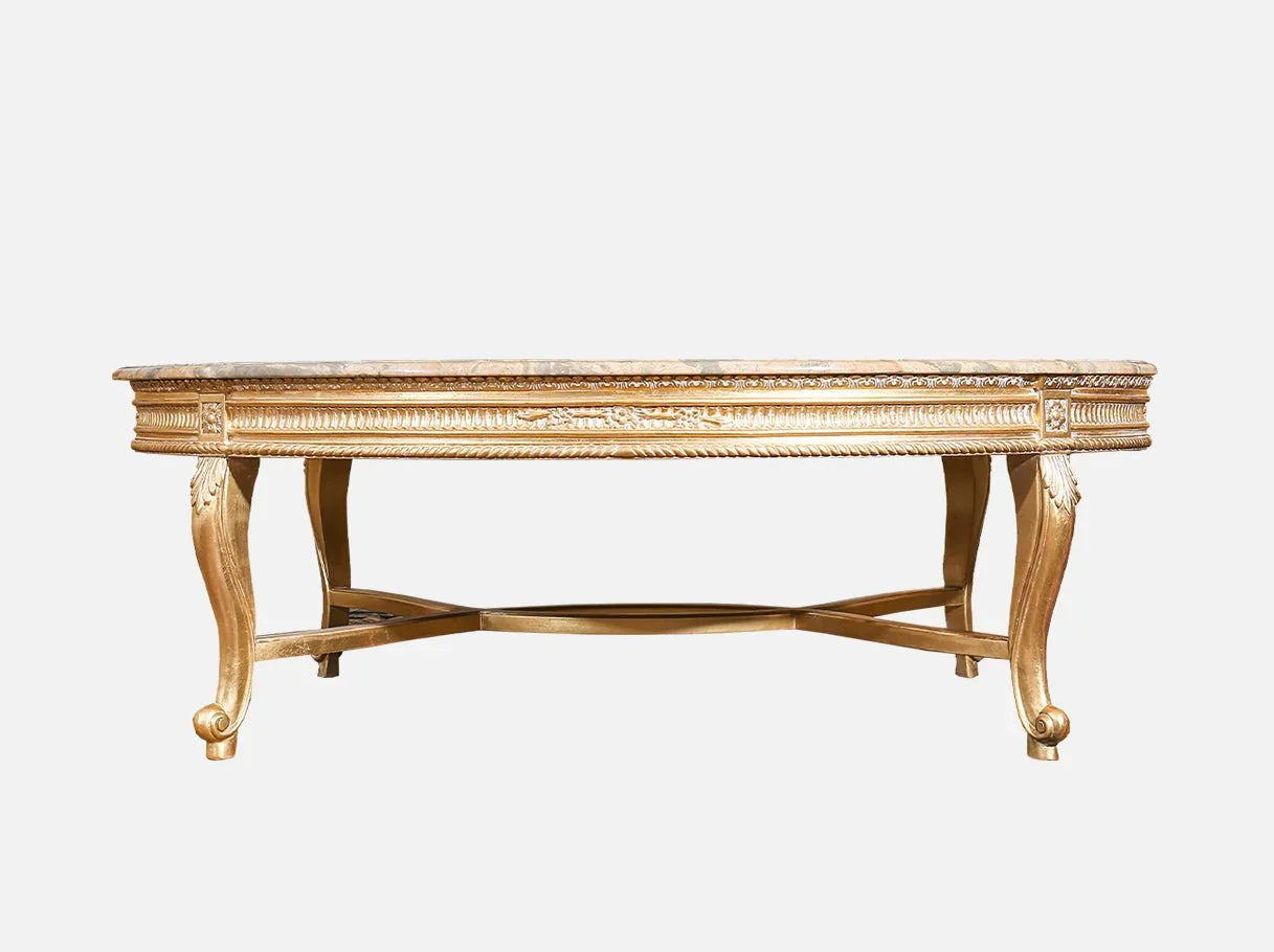 Front view of Oval Marble Coffee Table CT-1185 with hand-carved gold leaf frame and marble top.