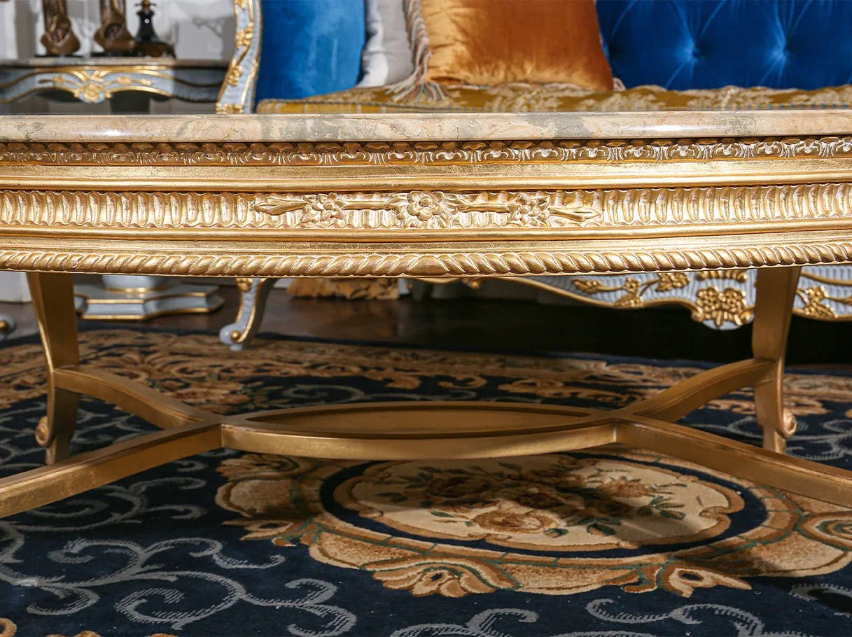 Front view of CT-1185 oval coffee table showcasing marble surface and ornate base.