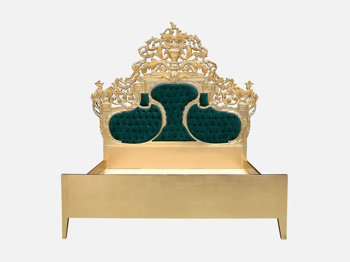 Luxury French bed B-080 with ornate gold leaf beechwood frame and deep-buttoned velvet upholstered headboard front view.