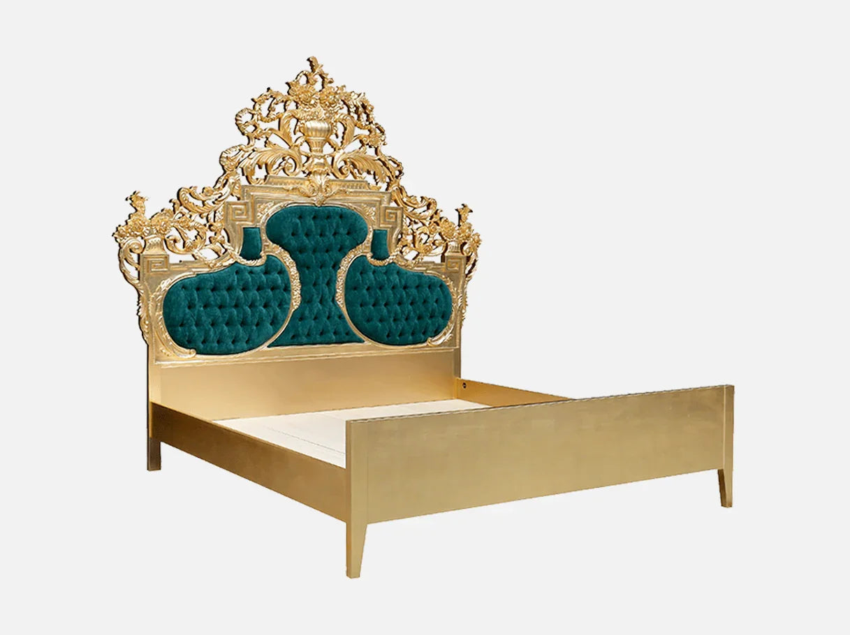 Classical French bed frame B-080 featuring sculpted posts, openwork crown carving, and velvet headboard in angled perspective.
