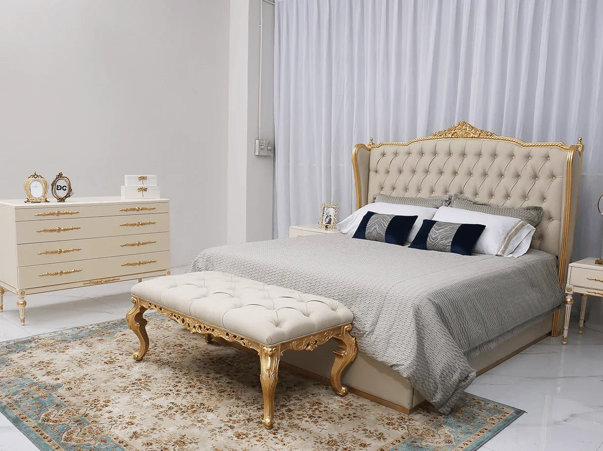 White bedroom bench at the end of bed, genuine leather upholstery with gold accents