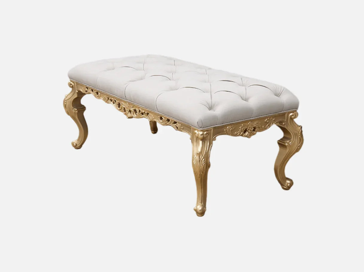 Luxury white bedroom bench featuring gold leaf carved details and cabriole legs