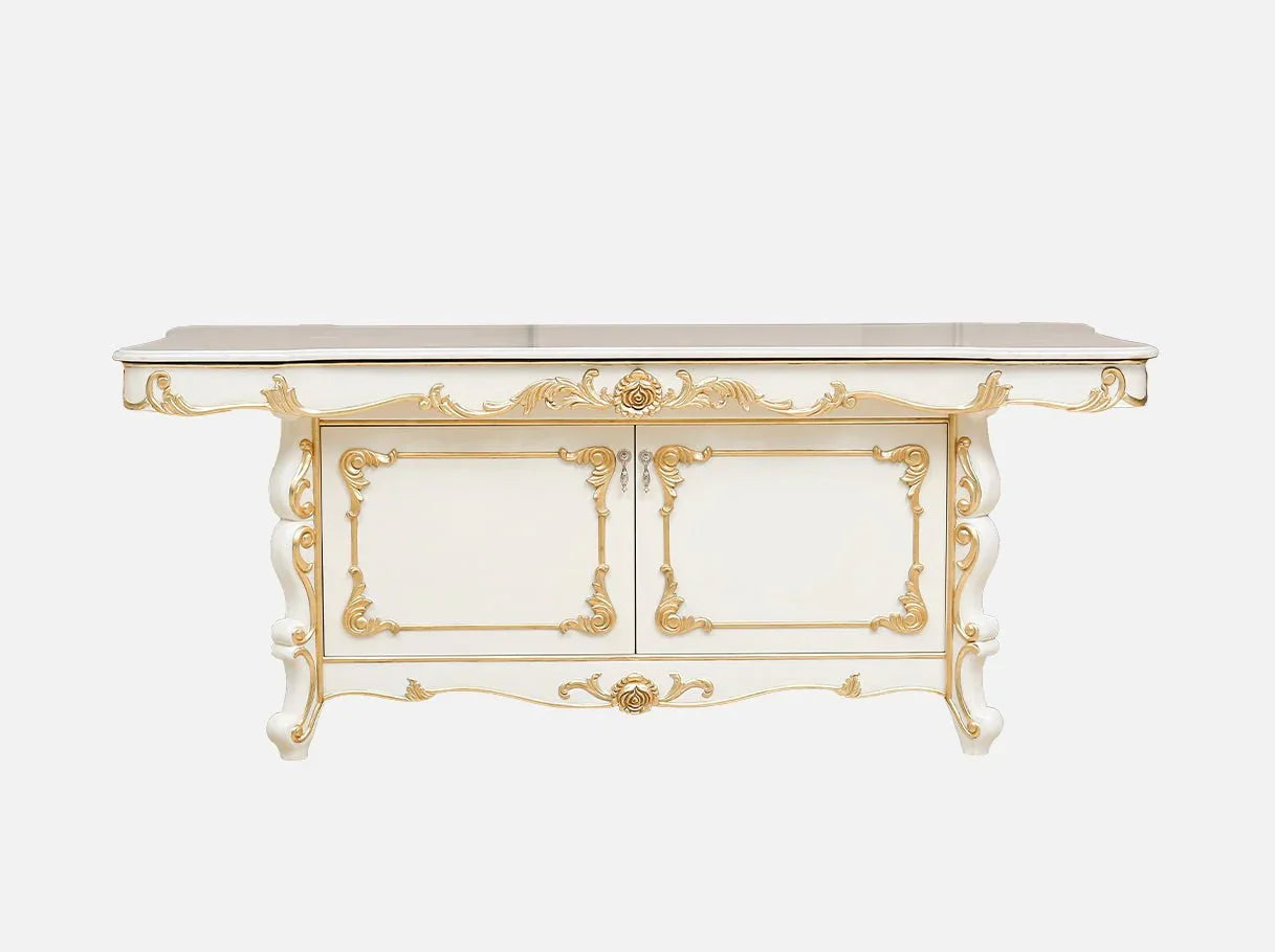 French coffee table with storage CT-0245 featuring marble top, carved beechwood frame, and gold leaf detailing for luxury interiors.