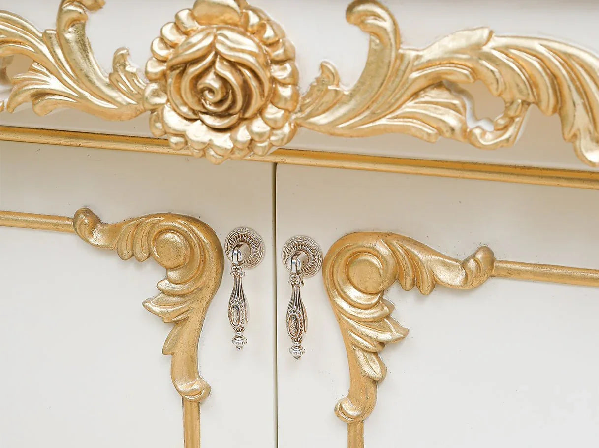 Close-up of CT-0245 French coffee table with storage, showing detailed gold leaf carvings and classical French decorative motifs.