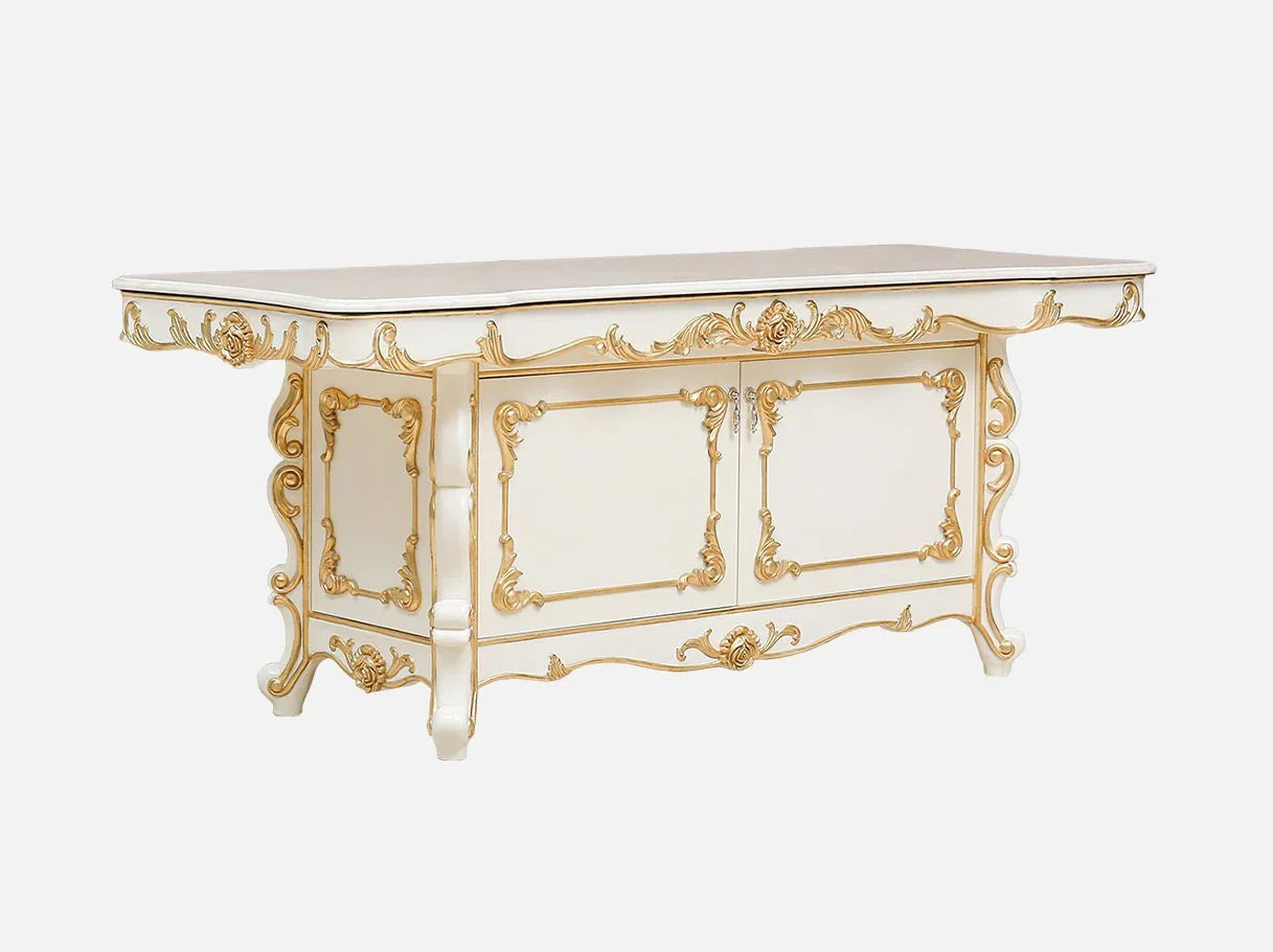Side view of CT-0245 French coffee table with storage, showcasing ornate carved legs, marble surface, and practical hidden cabinet.