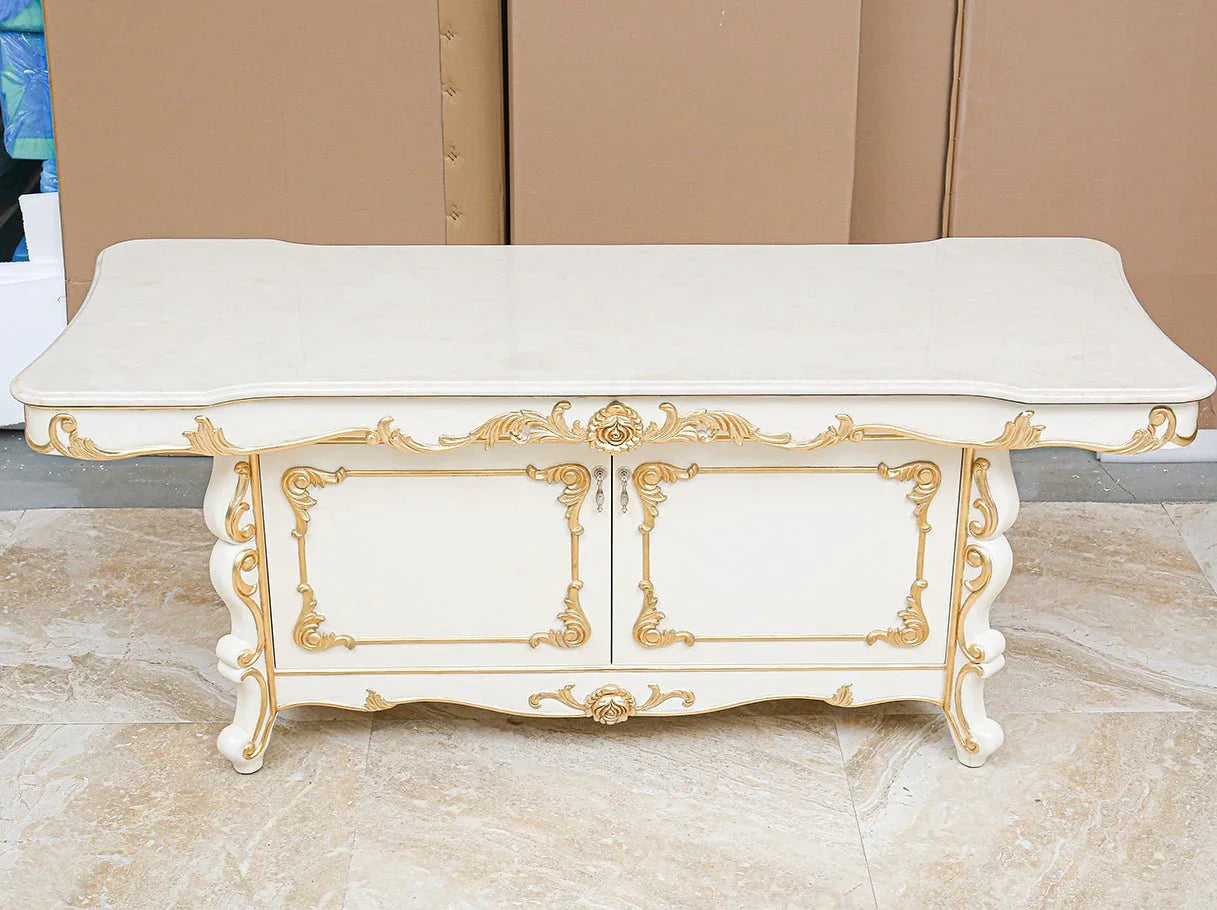 Front view of CT-0245 French coffee table with storage, integrating cabinet doors with carved accents and marble luxury top.
