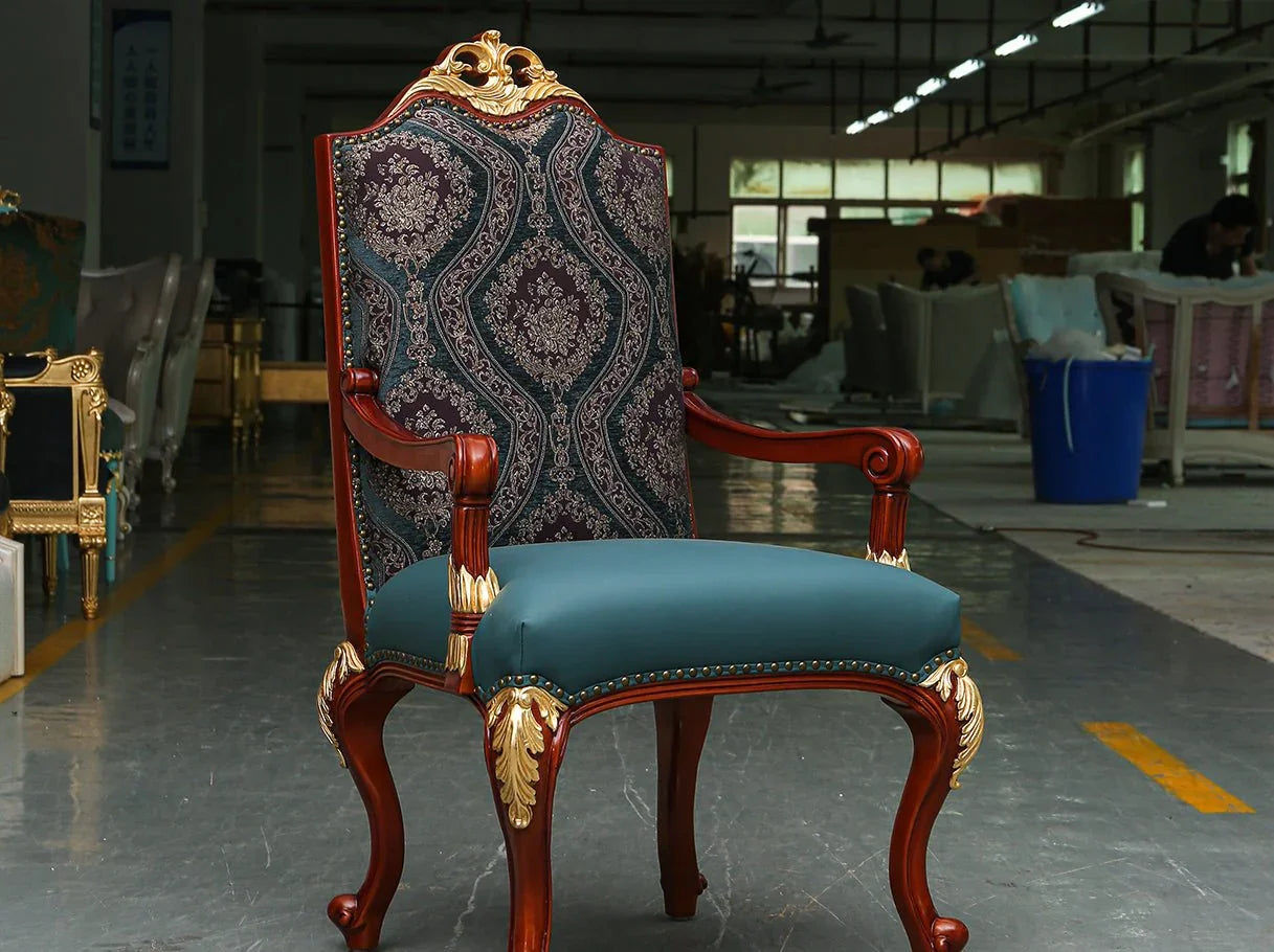Dining chairs with arms AC-268 in dining set: Leather seats, jacquard backs – perfect for french style interiors