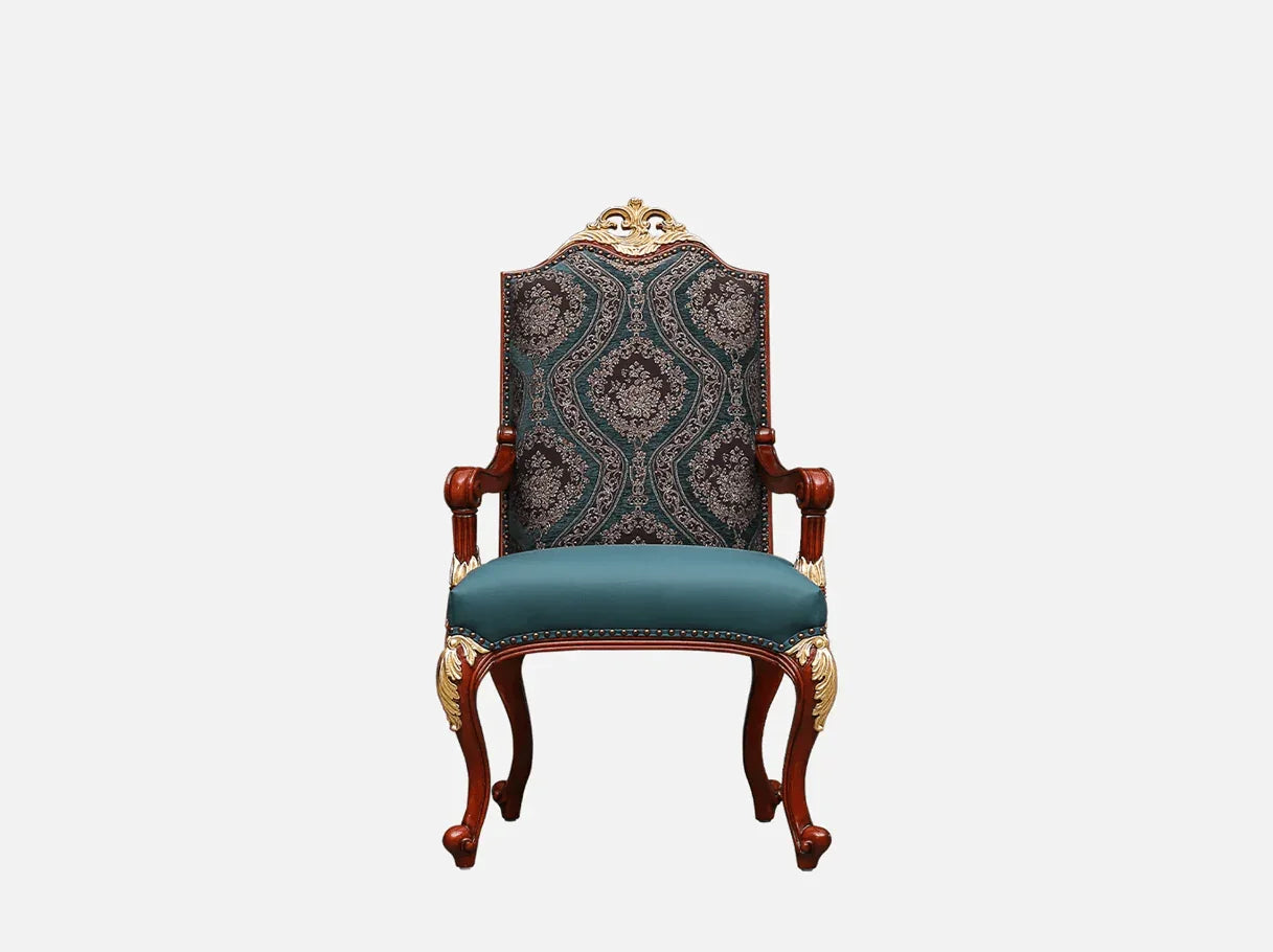 Dining chair with arms AC-268 front view: Beech wood frame, gold leaf accents, leather seat – ideal for high end furniture