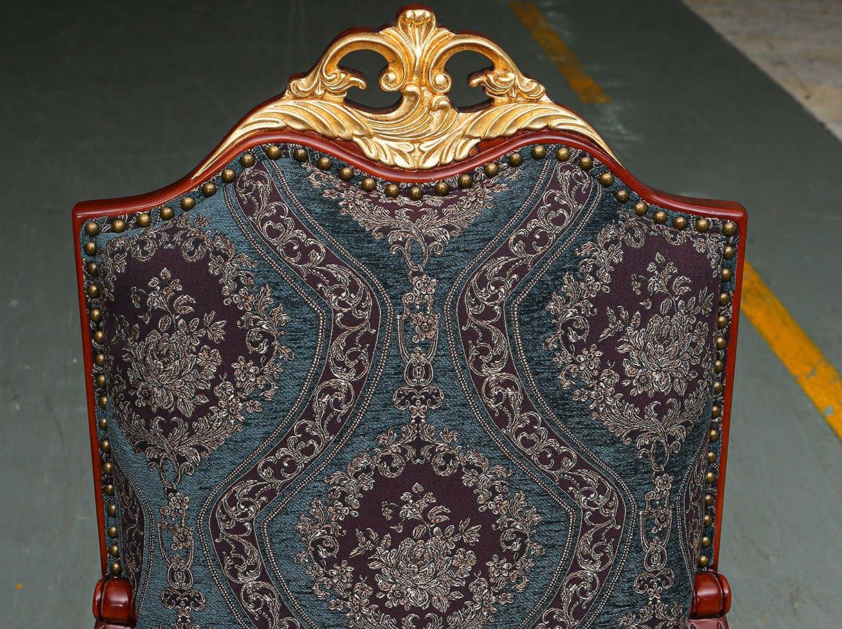AC-268 dining chair with arms back view: Ornate jacquard backrest, beech wood frame with gold leaf – highlighting french style artistry