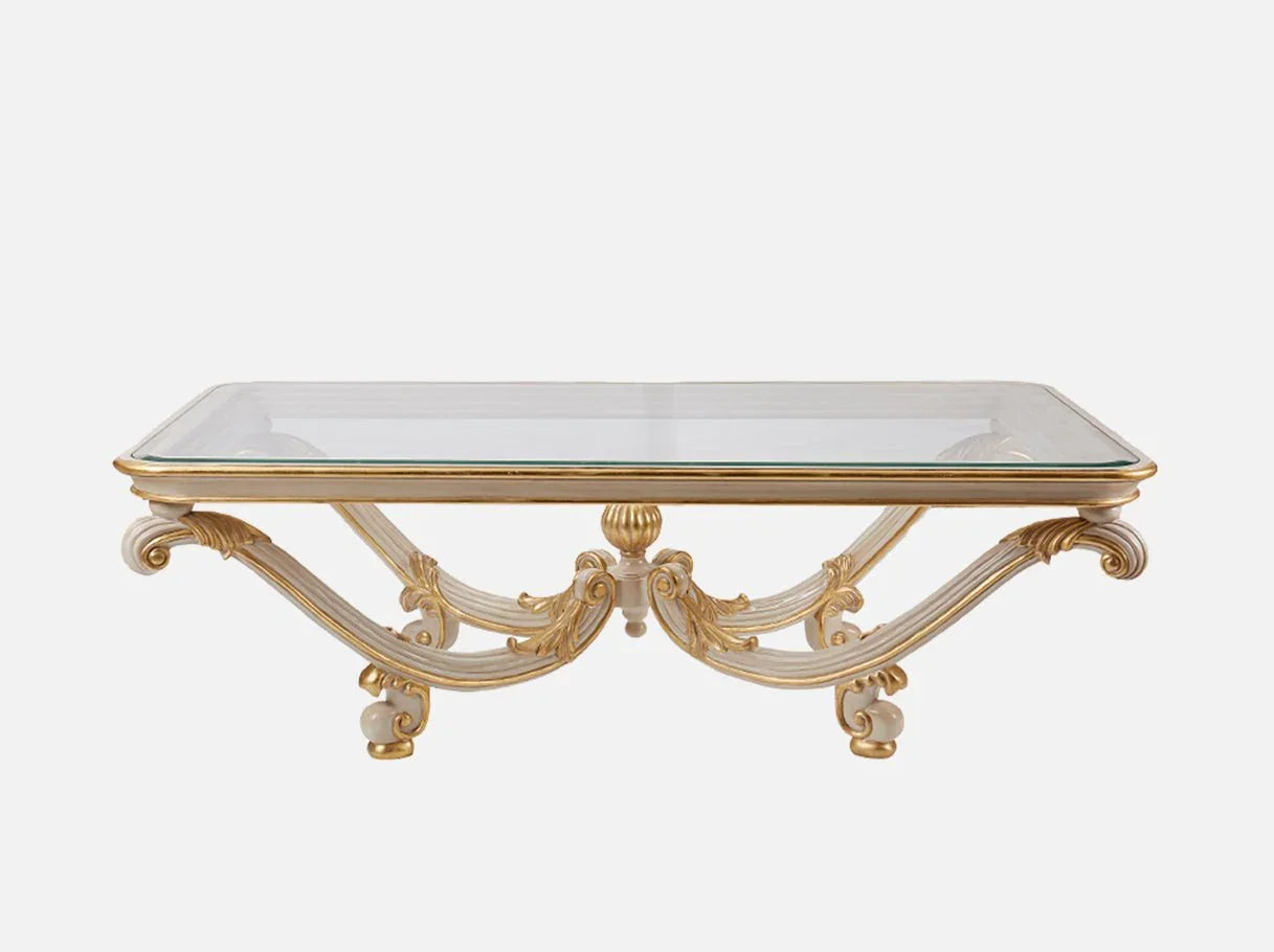Front view of Rectangle Glass Coffee Table CT-0283 with gold leaf carved base and tempered glass top.
