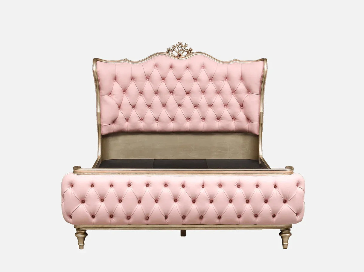 Luxury leather bed B-361 with tufted pink upholstery and hand-carved beechwood frame front view.