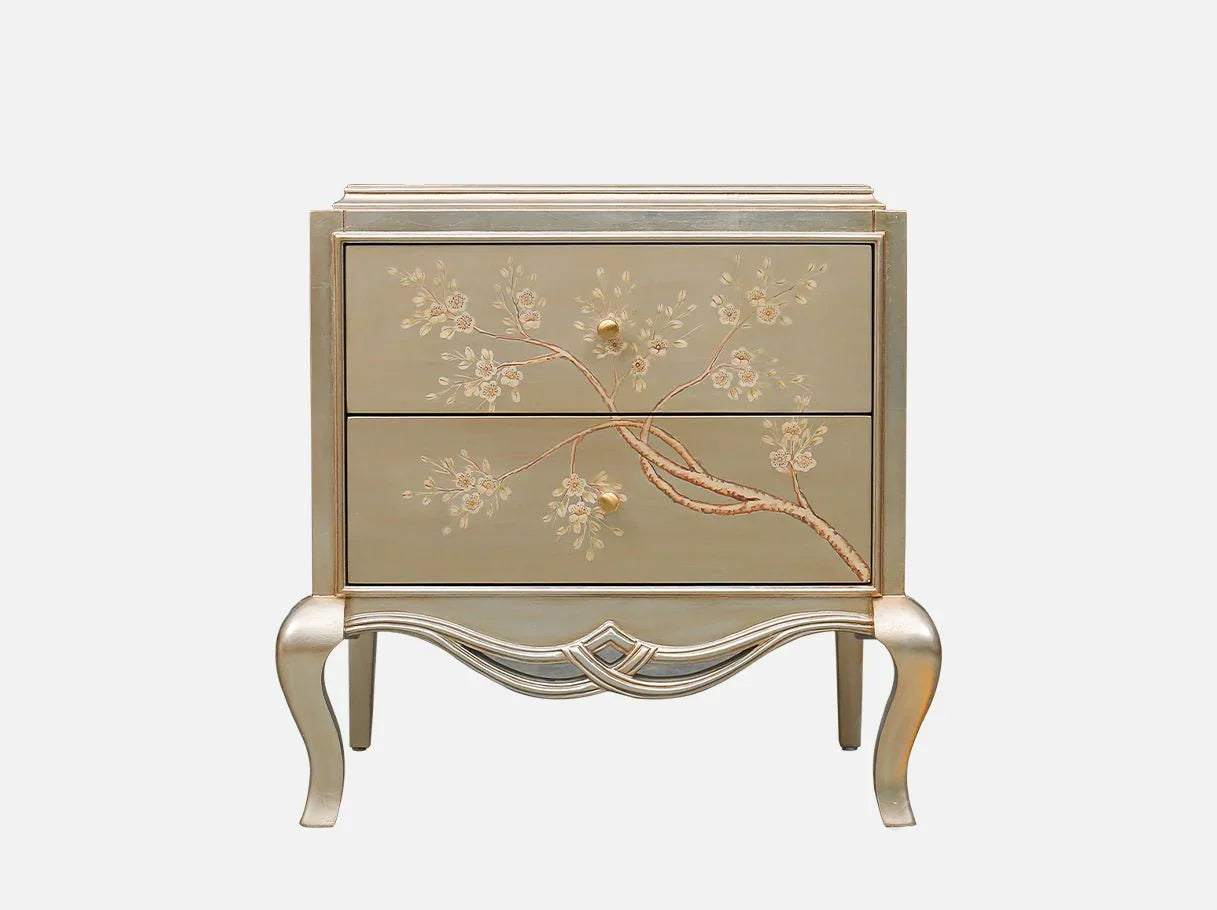 Curved nightstand N-362 with silver leaf finish and hand-painted floral motifs