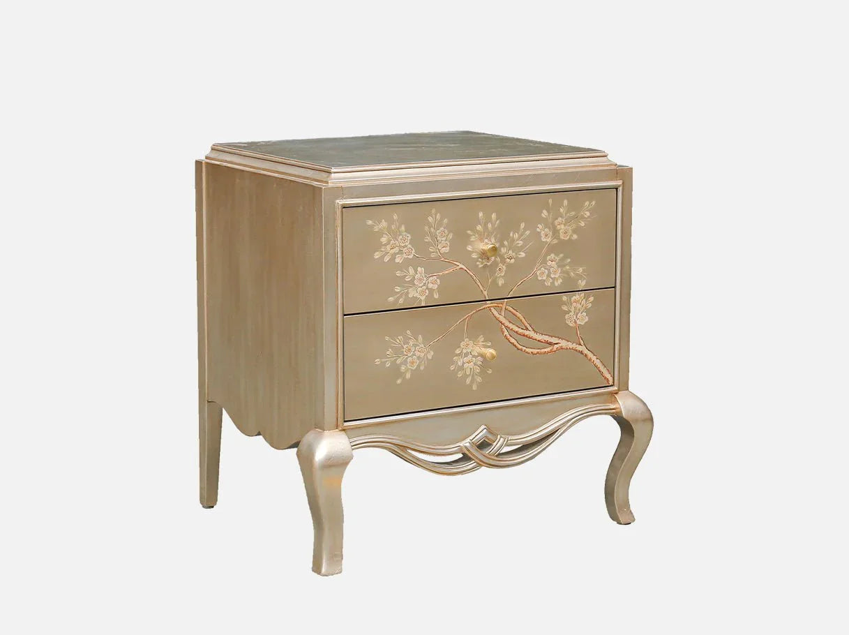 French style curved nightstand with cabriole legs and silver details
