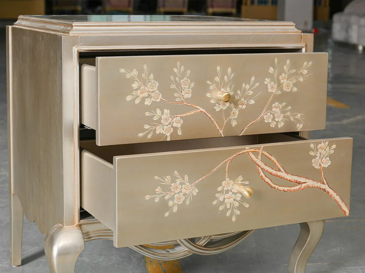 Solid wood curved nightstand with two drawers and French carved details