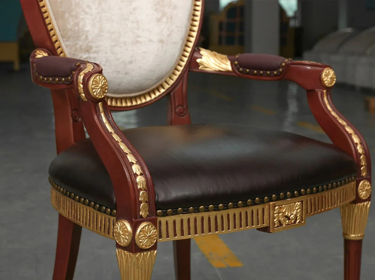 AC-369 brown leather dining chair arm detail: Intricate carved beech wood, premium brown leather – ideal for high end furniture