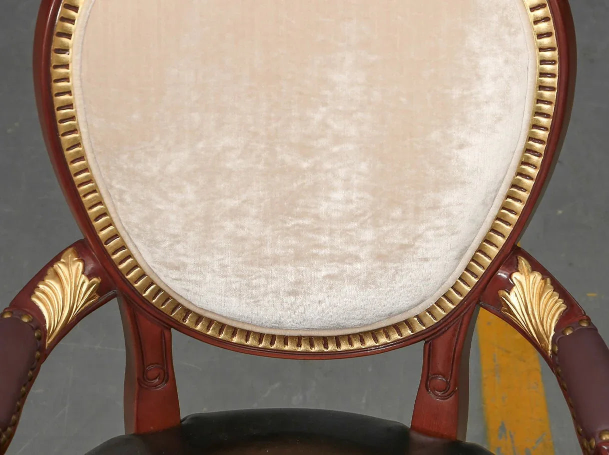 AC-369 brown leather dining chair : Plush velvet backrest, beech wood frame with gold leaf – highlighting french style artistry